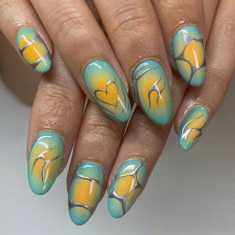 Turquoise and yellow aura airbrush nails with silver chrome details. Gel x extensions. Yellow Silver Nails, Turquoise Aura Nails, Yellow Aura Nails, Gel X Extensions, Nails With Silver, Yellow Aura, Shellac Colors, Aura Nails, Turquoise Nails