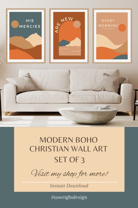 This beautiful 3 piece modern christian boho wall art would be perfect in a bedroom, office, dining room, teen room or church wall decor. It brings a classic boho decor in terracota tones and it will make any space super stylish. It also makes a great gift for a christian woman, teen birthday or baptism gift! Bible Verse Included: Lamentations 3 :23 - "His Mercies are New Every Morning" #etsy #uswrightdesign #christianwallart #modernbohowallart #terracottawallart #bohochristianart #religiousart Christian Boho Art, Christian Posters Free Printable, Minimal Desktop Wallpaper, Church Wall Decor, Mercies Are New Every Morning, His Mercies Are New, Christian Podcasts, Boho Christian, Terracotta Wall Art