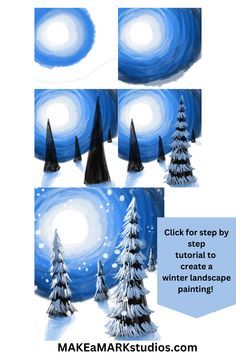 Winter Painting Ideas Step By Step, Winter Painting For Beginners, Step By Step Painting Winter, Winter Art Classroom, How To Paint Winter Scene Step By Step, Art Class Christmas Projects, Winter Canvas Painting Ideas Easy Step By Step, Winter Art Painting Acrylics, Winter Landscape Art For Kids