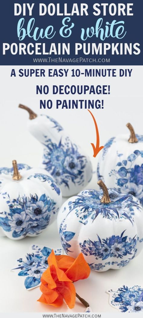 Chinoiserie Farmhouse Decor, How To Make A Chinoiserie Tree, Decoupage Fall Ideas, White And Blue Pumpkin Decor, Blue And White Chinoiserie Fall Decor, Fall Blue And White Decor, Blue And White Pumpkins Diy, Fall Decor Blue And White, Light Blue Fall Decor