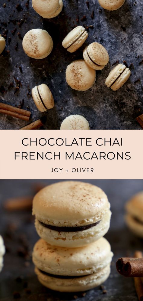 Crunchy on the outside and creamy on the inside, light and airy, the macaron cookie is just as beautiful as it is tasty and I promise, you wont want to just admire them. These light and chewy macarons are filled with a delicious spiced ganache perfect for a winter treat! #chai #spiced #macaron #ganache #french Chai Spice Macarons, Chai Macarons Recipe, Winter Macarons, Chai Macarons, Macaron Shop, Incredible Desserts, Winter Flavors, Homemade Chai Tea, Ital Food