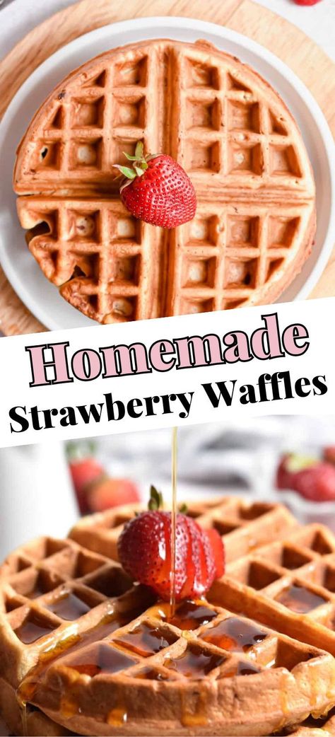 Full of fresh strawberries and so easy to make, these Strawberry Waffles are a sweet treat to enjoy any day of the week! Serve them with fresh berries, whipped cream, and pure maple syrup! Waffles With Berries, Strawberry Banana Waffles, Strawberry Waffles Recipe, Breakfast Ideas With Strawberries, Fruit Waffle Recipe, Belgium Waffle Recipe, Strawberry Pancakes Recipe, Waffle Batter Recipe, Waffle Mix Recipes