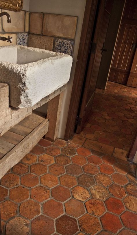 Awesome stone sink. Can be used for bathroom or kitchen. Would love to be able to incorporate one of these in my simple home. Terracotta Bathroom Floor, Mannington Laminate Flooring, Terracotta Bathroom, Terracotta Flooring, Mediterranean Bathroom, Mediterranean Living Room, French Terracotta, Saltillo Tile, Stone Floors