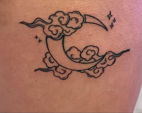 Crescent Moon Tattoo With Clouds, Moon Clouds Tattoo, Moon In Clouds Tattoo, Moon Clouds And Stars Tattoo, Moon Cloud Tattoo, Moon With Clouds Tattoo, Moon And Clouds Tattoo, Funky Moon Tattoo, Sparkle Tattoo