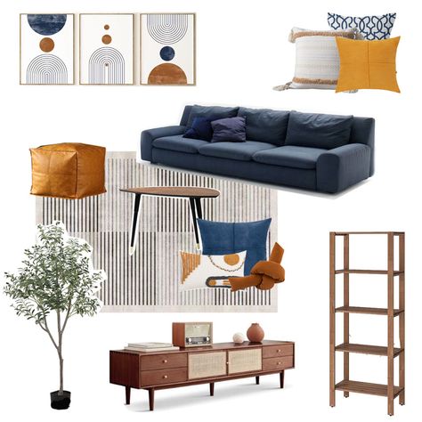 Navy Couches Living Room Ideas, Blue Sofa Rugs, Scandinavian Blue Living Room, Blu Navy Living Rooms, Black White Brown Blue Living Room, Black White Blue Yellow Living Room, Decorate Blue Couch, Navy Blue Mustard And Brown Living Room, Mustard Yellow And Navy Blue Living Room