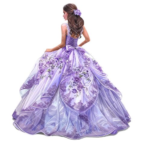 Enhance your creative projects with a touch of elegance and royalty using our Quinceañera Princess Clipart. This exquisite design features a charming princess wearing a stunning lavender Quinceañera gown adorned with delicate flowers, perfect for any royal celebration or princess-themed event. Key Features: Elegant Quinceañera Princess Design: A beautifully detailed illustration of a princess in a lavender purple gown, perfect for adding a regal touch to your projects. 1- High-Resolution transpa Purple Flower Quinceanera Dresses, Whimsical Purple Princess Dress For Pageants, Purple Quince Dolls, Quinceanera Doll Purple, Purple Floral Applique Princess Dress For Dress-up, Lavender Quinceanera, Royal Celebration, Lavender Gown, Princess Clipart