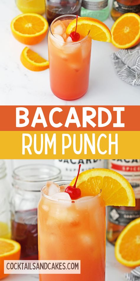 Yummy tropical flavors and two different types of Bacardi rum make this delicious Bacardi Rum Punch cocktail. Make one or a whole pitcher! Bacardi Tropical Rum Recipes, Bacardi Rum Drinks Recipes, Bacardi Cocktails Recipes, Bacardi Rum Drinks, Drinks With Bacardi Rum, Bacardi Cocktails, Tropical Rum Punch, Rum Punch Cocktail, Bacardi Cocktail