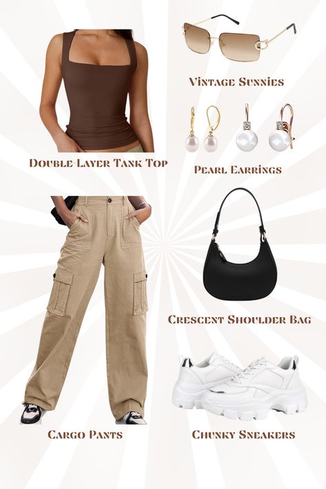 Elevate your summer wardrobe with this effortlessly chic outfit! Pair a trendy double-layer tank top with versatile cargo pants for the perfect balance of style and comfort. Add a touch of elegance with timeless pearl earrings, and complete the look with vintage sunnies for a retro vibe. The sleek crescent shoulder bag and chunky sneakers tie it all together. Perfect for summer outfit ideas and everyday style inspo, this look is your go-to for casual, cool summer days!

(Links tagged in PIN!) 🌻 Double Layer Tank Top, Vintage Sunnies, Top Pearl, Summer Wardrobe Staples, Beach Fits, Summer Outfit Ideas, Effortlessly Chic Outfits, Summer Beach Outfit, Layering Tanks