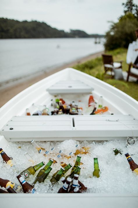 Beer Boat!!  Boat with ice and beer at a wedding cocktail hour in Chester, Connecticut - Pearl Weddings & Events Beer Boat Wedding, Boat Wedding Ideas, Beach Wedding Drinks, Margaritaville Party, Sailboat Wedding, Wedding Beer, Wedding Cocktail Hour, Cocktail Wedding Reception, Beer Wedding