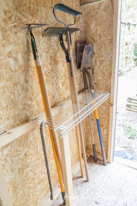 Small Garden Tool Shed, Garden Tool Storage Ideas, Carts On Wheels, Tool Shed Organizing, Wood Wall Storage, Tool Storage Ideas, Tool Carts, Storing Garden Tools, Shed Organization