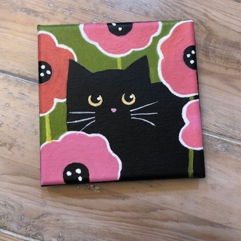 Black Cat and Poppies - Etsy Paintings For Frames, Paint A Cat Easy, Pink And Purple Canvas Painting, How To Paint A Cat Easy, Cute Doodle Paintings, Cat Canvas Art, Grey Cat Painting Easy, Easy Cat Painting Ideas, Painting Inspo Beginner