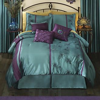 Blue Home Decor Ideas, Plum Bedding, Peacock Bedding, Peacock Bedroom, Feather Comforter, Peacock Room, Teal Bedding, Teal Bedroom, Bohemian Bedding