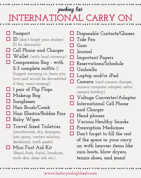 Packing Tips: International Carry On Checklist...pretty basic stuff but a reminder never hurts Carry On Checklist, Packing Hacks, Missions Trip, Travel Checklist, Travel List, Packing Tips For Travel, What To Pack, Travel Packing, Packing Tips