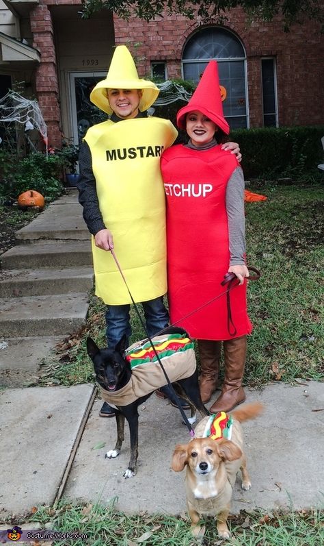 Ketchup Costume, Hot Dog Halloween Costume, Dog And Owner Costumes, Cute Dog Halloween Costumes, Best Dog Halloween Costumes, Puppy Halloween Costumes, Best Dog Costumes, Dogs Halloween, Ketchup And Mustard