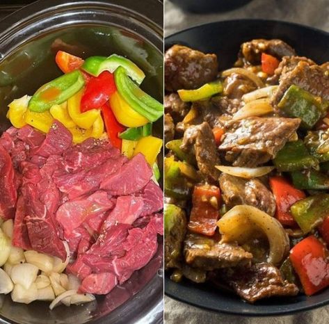 DUMP CHEAP MEAL - One of my new favorite recipes is... Peper Steak, Slow Cooker Pepper Steak, Crockpot Pepper Steak, Crockpot Stuffed Peppers, Pepper Steak Recipe, Slow Cooker Stuffed Peppers, Grandma Cooking, Beef Stew Meat, Pepper Steak