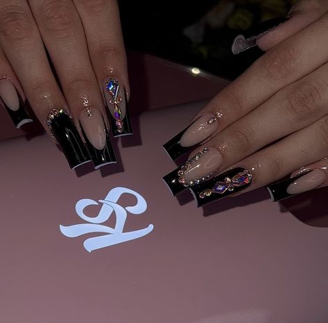 Black Bling Birthday Nails, Black French Tip Nails Square With Rhinestones, Simple Long Nails With Gems, Black Acrylic Nail Designs With Gems, Purple Black Nails Acrylic, Latina Nail Designs Black, Best Acrylic Nails Black, Black Latina Nails, Black Nail Sets Medium