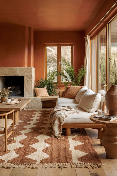 Earthy Warm Colors: Bringing Nature Indoors Desert Style Living Room, Green Sofa Terracotta Walls, Terracotta Green Interior, Desert Modern Living Room, Earthy Red Living Room, Terracotta Brown Sofa, Red Earth Living Room, Warm Neutral Living Room Earth Tones, Green And Terracotta Living Room