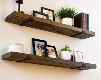 Rustic Natural Wood L-bracket Floating Shelves Solid Wood up - Etsy Wood Plank Shelves, Wall Shelves Ideas, Living Room Open Concept, Modern Fireplace Ideas Living Rooms, Kitchen Tiling, Kids Study Area, Modern Fireplace Ideas, Room Renovation Ideas, Brown Farmhouse