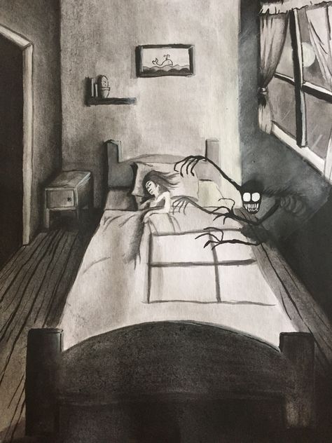 Horror Illustration Creepy, Creepy Room Drawing, Nightmare Drawing Dreams, Comfort Painting, Nightmare Drawing, Nightmares Drawing, Nightmare Disorder, Scary Dreams, Fairy Photoshoot