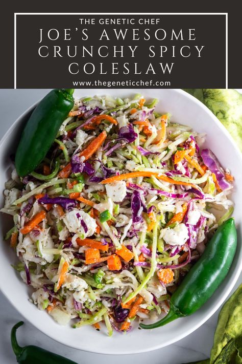 This loaded, crunchy, spicy coleslaw is a perfect addition for your cookouts or gatherings. It’s vinegar based, super delicious, spicy with a touch of sweetness. #coleslaw #coleslawrecipe #spicycoleslaw #vinegarcoleslaw #easyrecipe | @thegeneticchef Vinegar Based Coleslaw Recipe, Spicy Coleslaw, Vinegar Coleslaw, Italian Meat Sauce, Teriyaki Chicken Wings, Watermelon Feta Salad, Italian Meats, Watermelon And Feta, Broccoli Slaw