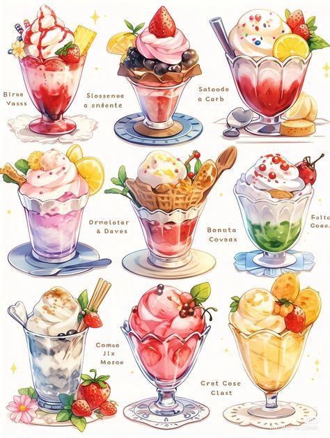 Cute Tea Party Drawing, Dessert Reference, Digital Art Inspiration, Dessert Drawing, Desserts Drawing, Dessert Art, 귀여운 음식 그림, Food Drawings, Foodie Art