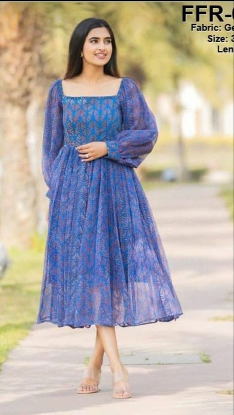 Long Frock Western Style, Georgette Western Dresses For Women, Long Gown Dress From Georgette Saree, Simple Georgette Dress, Froks For Girls Stylish, Frok Designs For Women Neck Design, Latest Frok Designs For Women, Long Frock Designs For Girl Casual, Georgette Short Frocks