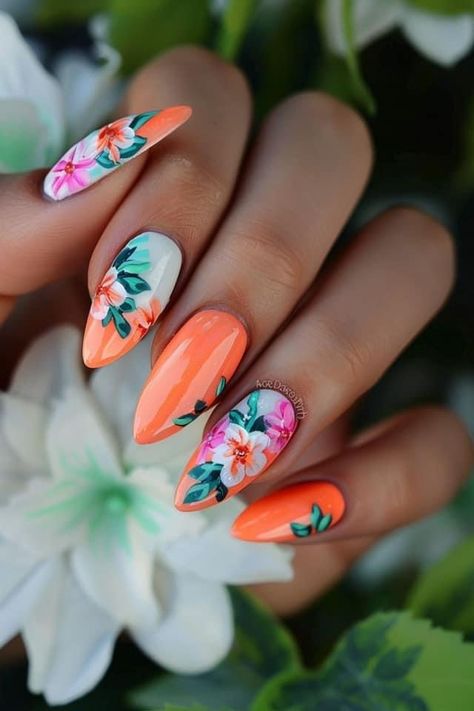 Vibrant Summer Nail Designs, Vibrant Summer Nail Colors, Summer Nails Ideas 2024 Almond, Summer Nails 2024 Color Trends, Summer Nail 2024 Trends, Summer Nail Art 2024, Fruit Nails Acrylic, Carribean Nails, Summer Trendy Nails