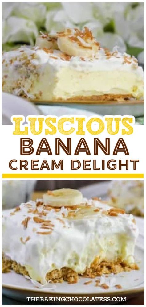 Indulge in the ultimate comfort food with our easy banana cream pie recipe! This homemade dessert is creamy, rich, and absolutely delicious. For a quick and easy treat, try our no bake banana cream dessert that's perfect for any occasion. Impress your guests with our layered banana cream dessert that's sure to satisfy your sweet tooth. Whether you're a fan of classic desserts or looking for something new, our banana cream dessert recipe is sure to become a new favorite. Get baking today! Banana Cream Pie Dessert Recipes, Easy Desserts Banana, Banana Cool Whip Dessert, Banana Cream Pie For A Crowd, Banana Pudding Delight, Banana Squares Recipes, Banana Cream Dessert Recipes, Banana Lasagna Dessert, Banana Mousse Recipe