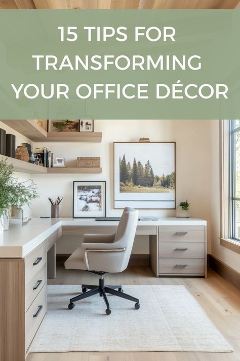 Design a sumptuous office space with these office decor tips and ideas. Blue Grey Office Decor, How To Close Off A Home Office, Creating An Office Space At Home, Home Office Lake View, Office Set Up In Living Room, Industrial Home Office Design Ideas, Corporate Office Inspiration, Nature Office Aesthetic, Office Before And After