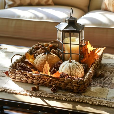 Coffee_table_adorned_for_fall_with_a_woven_basket_ce 1 Autumn Coffee Table Decor, Woven Basket Decor, Coffee Table Decor Ideas, Professional Organizers, Curated Decor, Table Decor Ideas, Coffee Table Decor, Cozy Living, Table Decor