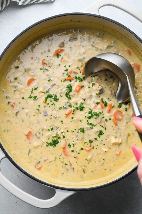 Creamy Soup Dairy Free, Dairy Free Creamy Chicken Noodle Soup, Dairy Free Chicken Wild Rice Soup, Dairy Free Cauliflower Soup, Chicken And Cauliflower Rice Soup, Cauliflower Rice Soup, Chicken And Cauliflower Rice, Chicken Coconut Soup, Chicken And Cauliflower