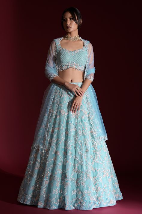 Pastel Reception Lehenga, Pastel Blue Lengha, Pastel Blue Blouse Designs, Lehanga Designs Latest For Wedding, Pastel Blue Lehenga, Engagement Lehengas, Lehenga Poses, Marriage Outfit, Lehenga Outfits