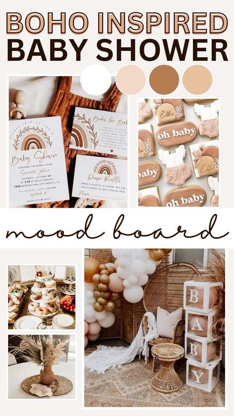 Looking for boho baby shower ideas? This mood board will inspire your event. We cover baby shower boho decorations and food ideas, centerpieces and more. Baby Shower Decor Ideas Neutral, Baby Shower Theme Ideas Neutral, Boho Themed Baby Shower Ideas, Earth Tone Baby Shower Ideas, Baby Shower Neutral Theme, Baby Shower Mood Board, Shower Mood Board, Earthy Baby Shower Ideas, Bohemian Baby Shower Ideas