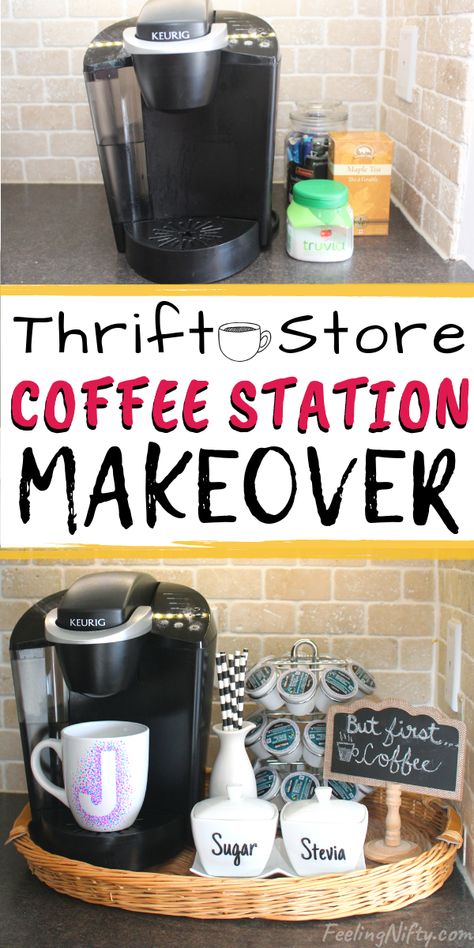 Create an organized DIY Keurig Coffee Station with Farmhouse style at home. This counter coffee nook was created with Thrift store items all for $25. Also includes other ideas and products like coffee decor signs, small coffee products, party ideas, baskets, trays, decorating ideas, keurig pod display and organization and more... #keurig #keurigCoffeeStation #CoffeeNook #CoffeeDecor #CoffeeStation #KitchenDecor #KitchenIdeas #CounterOrganization Coffee Pot Tray Ideas, Coffee Pot On Counter Ideas, Small Coffee Station Ideas, Keurig Coffee Station, Keurig Pods, Diy Coffee Station, Coffee Organization, Diy Sharpie Mug, Coffee Counter