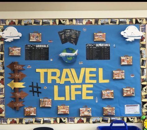 Tourism Classroom Ideas, Bulletin Board Ideas For Tourism, Travel Bulletin Board Ideas Classroom, Passport Bulletin Board Ideas, Travel Bulletin Board Ideas, Geography Bulletin Board, Adventure Bulletin Board, Travel Bulletin Boards, Language Classroom Decor