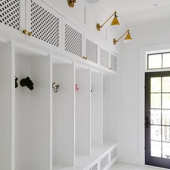 Brass Sconces on White Mudroom Lockers Clean Kitchen Design, Mudroom Locker, Mudroom Addition, Transitional Laundry Room, Mudroom Cabinets, Home Lockers, Locker Hooking, Mudroom Lockers, Mud Rooms