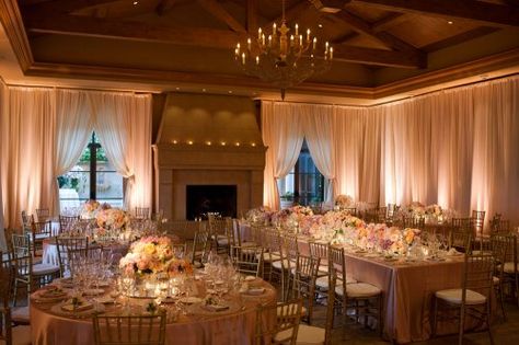 Romantic pink wedding reception with pink uplighting. Pink Uplighting, Romantic Pink Wedding, Wedding Uplighting, Pink Wedding Receptions, Pelican Hill Wedding, Uplighting Wedding, Dyi Wedding, Wedding Draping, Candle Lit Wedding