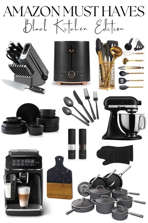 All Black Kitchen Appliances, Dark Aesthetic Kitchen Decor, Black Kitchenware Aesthetic, All Black Kitchen Decor, Black Kitchen Essentials, Black Kitchen Utensils Aesthetic, Black Silverware Aesthetic, Kitchen Basic Essentials, Black And Grey Kitchen Accessories