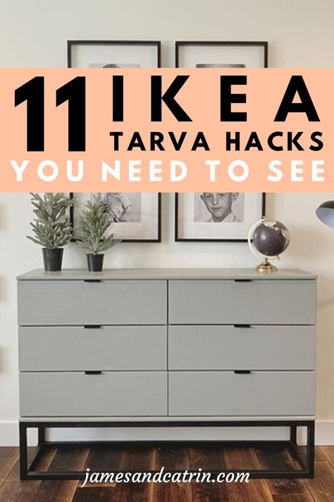 The Ikea Tarva dresser is a really basic, inexpensive piece of furniture and is perfect for hacking. These Ikea Tarva dresser hacks demonstrate just what you can do to create something amazing for your home. You can get the designer look without spending a lot with these Ikea Tarva hacks. #ikeatarvhack #ikeahacks #dresser #jamesandcatrin Ikea Dresser Drawer Hack, Bedroom Dresser Alternatives, Ikea Kallax Dresser Hack, Cheap Dresser Ideas, Wall Of Dressers Bedroom, Bjorksnas Ikea Dresser, Ikea Dresser Ideas, Ikea Tarva Dresser Makeover, Alternative Dresser Ideas