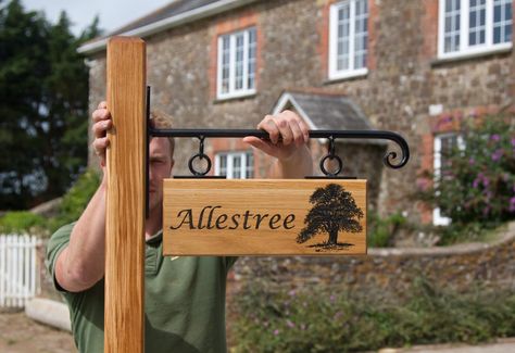 Hangin oak sign on post with wrought iron bracket. Font Lucida Calligraphy. ref 1307.LW.048 www.sign-maker.net/hanging-house-signs.html Driveway Sign, House Name Signs, Hanging House, Advanced Woodworking Plans, Name Plates For Home, Home Wooden Signs, Name Plate Design, House Name, Number Signs