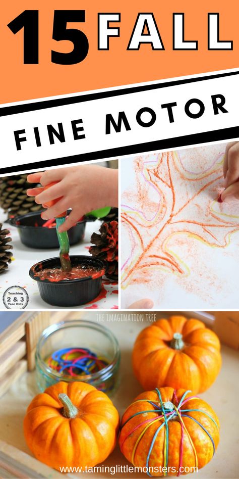 Develop fine motor skills this Autumn with these 15 Fall fine motor activities for kids. Toddlers, preschoolers and kindergartners will love these fun and easy Fall play ideas. #fall #autumn #finemotor #toddlers #preschool #kindergarten Fall Fine Motor Activity For Toddlers, Harvest Language Activities Preschool, Fall Busy Bags Preschool, Fall Activities For 3yrs Old, Two Year Old Table Activities, Autumn Themed Activities Eyfs, Preschool Activities For October, Autumn Prek Activities, Preschool Dry Erase Activities