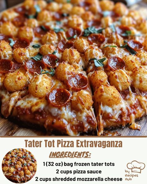 Tater Tot Pizza Extravaganza Pizza Tater Tot Casserole, Tater Tot Pizza, Pizza Nachos, Easy Tater Tots, Cheeseburger Meatloaf, Baked Meatloaf, Crockpot Meatloaf, Weekly Shopping List, Mexican Casserole Recipe