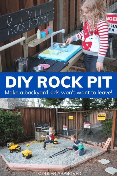 Backyard Construction Play Area - Toddler Approved Construction Play Area Outdoor, Rock Pit Play Area, New Construction Backyard Ideas, Small Yard Play Area For Kids, Kids Patio Play Area, Backyard Ideas For Toddlers, Outside Play Area For Kids, Daycare Backyard, Kids Outdoor Play Area Ideas