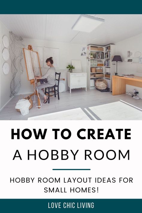 Sometimes you have to get creative with your hobby rooms! In this post I'll show you how to make space for your hobbies in the smallest of rooms because not everyone has the space for a full hobby room basement - and that's ok! Here are my favourite creative hobby room organization hacks, layout ideas, small room design tips and great ways to include your hobby into your home design. Basement Hobby Room Ideas, Creative Space Living Room, Hobbie Room Ideas, Multi Purpose Room Ideas Layout, Small Hobby Room, Extra Room Ideas Creative, Hobby Room Organization, Hobby Room Ideas Layout, Small Craft Room Layout Ideas