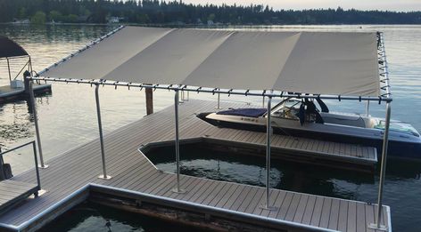 Rush-Co Marine Products | Custom Covers for Boat Lift Canopies Pvc Boat Cover Frame, Boat Dock With Upper Deck, Luxury Boat Dock, Boat Canopy, Boat Cover Support, Boat Lift Dock, Canopy Frame, Boat Lift, Ski Boats