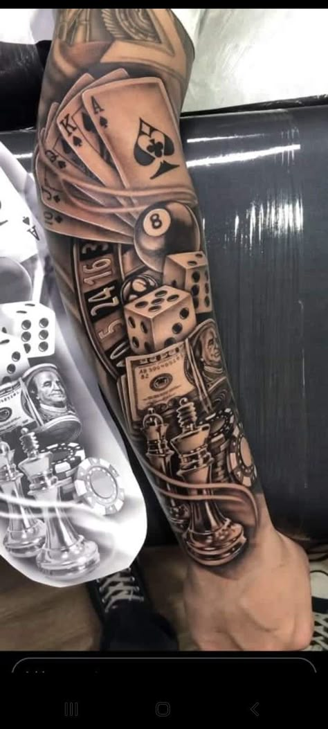 Tattoos Arm Mann, Arm Tattoos For Guys Forearm, Half Sleeve Tattoo Stencils, Casino Tattoo, Chicano Tattoos Sleeve, Half Sleeve Tattoos Drawings, Forearm Band Tattoos, Gangsta Tattoos, Palm Tattoos