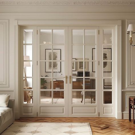 Adding Doors To A Room, Office Glass Door Design, Folding Glass Doors Interior, Layer A Bed, Hallway Christmas Decor, Christmas Decor Green, Office French Doors, French Doors Living Room, French Doors Inside