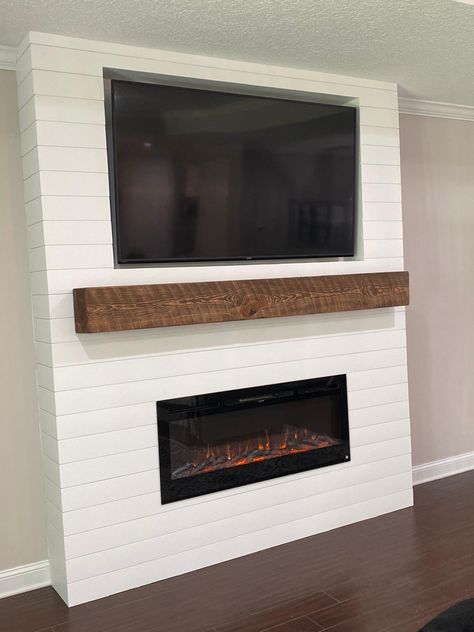 Ship Lap Fireplace, Fireplace With Brick, Diy Shiplap Fireplace, Reclaimed Wood Mantel, Corner Electric Fireplace, Electric Fireplace Living Room, White Brick Fireplace, Brick Hearth, Direct Vent Fireplace