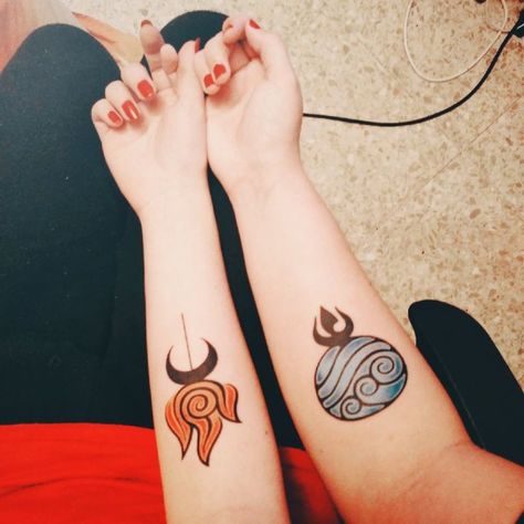 Avatar Matching Tattoos, Atla Symbols, Atla Tattoo, Colour Tattoos, Avatar Tattoo, Funky Tattoos, Water Tattoo, Sibling Tattoos, 4 Tattoo