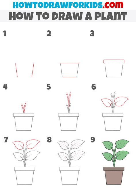 How to Draw a Plant - Easy Drawing Tutorial For Kids How To Draw Plants Step By Step Easy, How To Draw House Plants, How To Draw A Plant Step By Step, How To Draw A Plant, How To Draw Plants Step By Step, Easy Plant Drawings, How To Draw Plants, Plant Drawing Easy, Draw Plants